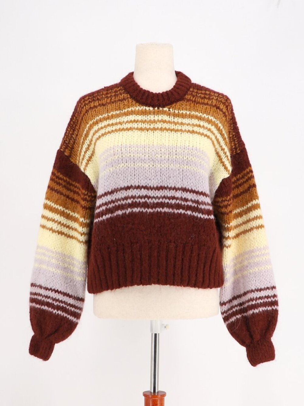 ZARA Wool Alpaca Blend Striped Chunky Knit Balloon Sleeve Sweater Size S